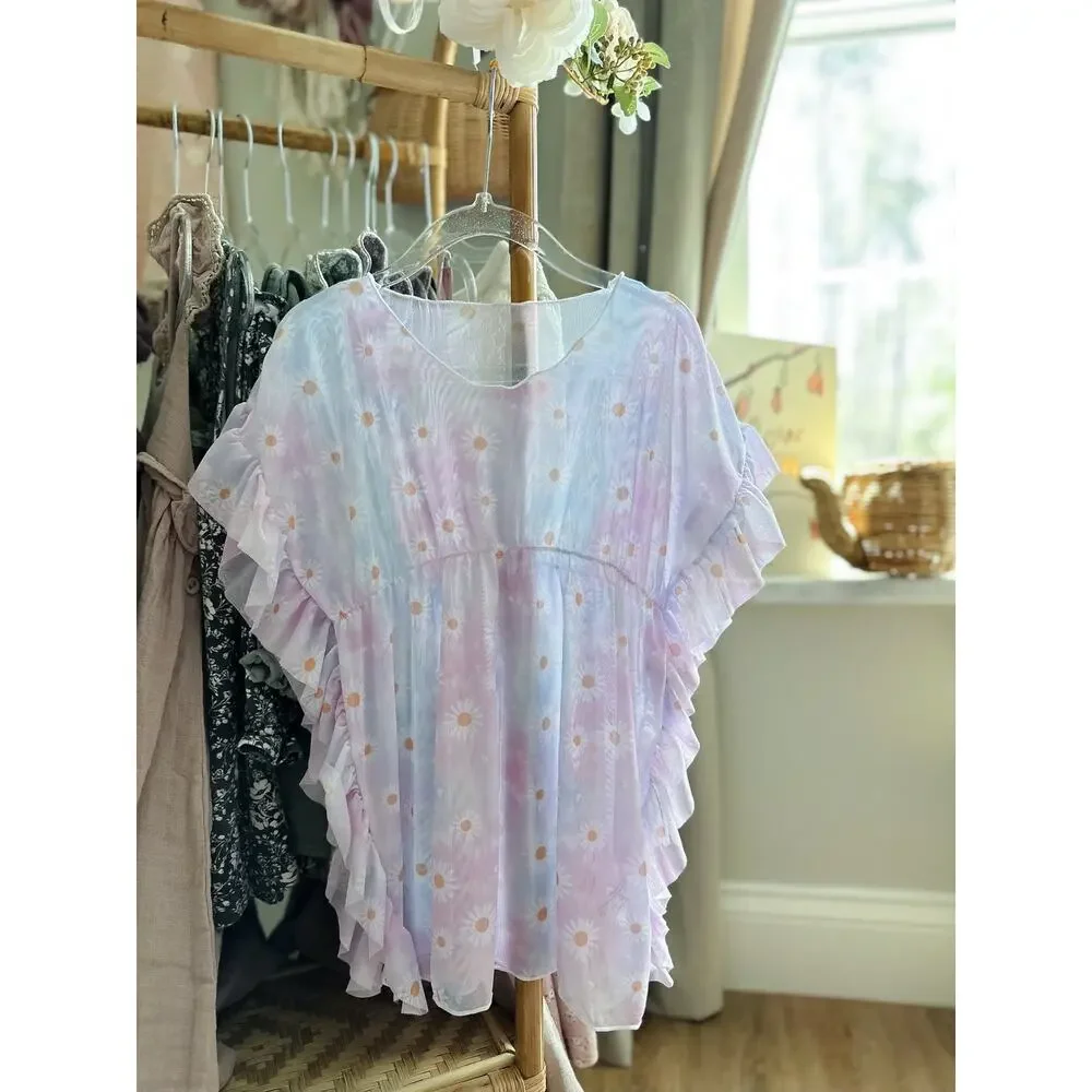 Flower Child Blooming Daisy Mesh Pastel Swim Coverup 3/4